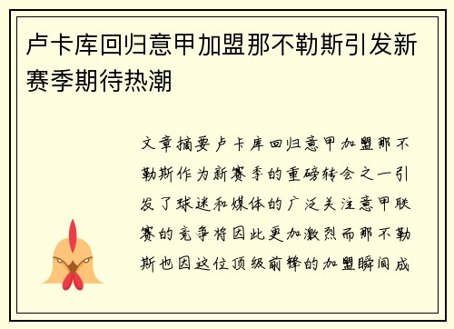 卢卡库回归意甲加盟那不勒斯引发新赛季期待热潮
