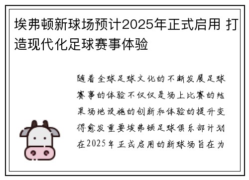 埃弗顿新球场预计2025年正式启用 打造现代化足球赛事体验