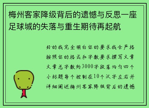 梅州客家降级背后的遗憾与反思一座足球城的失落与重生期待再起航